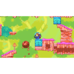 Character in a blue space-suit stands on blue crystal block, preparing to jump across pink rocky platforms in a bright forest level.