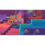 Colorful pixel-art platformer scene with small alien characters on a sci-fi conveyor and platform over lava-like terrain.