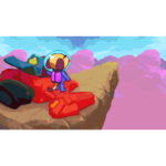 Cartoon space explorer in a purple suit stands on a red rocky cliff with a colorful sky behind.