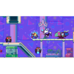 Side-scrolling arcade scene with a blue astronaut in a bubble shield chasing a white creature on a platform, purple background.