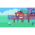 Pixel art character on a wooden dock casts a fishing line into turquoise water, a small blue fish (or creature) below the hook.