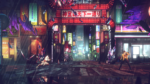Neon-lit Japanese street at night with a large red archway, rain and reflections on the wet pavement, a man crossing on the right and a figure crouching on the left edge.