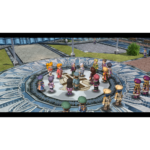 In-game_Cutscene_Crowd__622651778603164 - Video Game Depot Group of colorful characters from a fantasy RPG standing in a circular metallic arena, forming a ring around a central emblem.