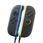 Pair of Nintendo Switch Joy-Con controllers, left blue and right yellow, with wrist straps, shown from a tilted angle
