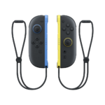 Pair of Nintendo Switch Joy-Con controllers, left blue and right yellow, with black wrist straps attached.