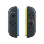 Pair of Nintendo Switch Joy-Con controllers, blue on the left and yellow on the right, shown separated with visible buttons and joysticks.