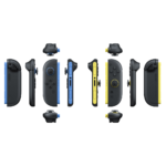 Set of colorful Nintendo Switch Joy-Con controllers with grip accessories, laid out in a row (blue, yellow, and black).