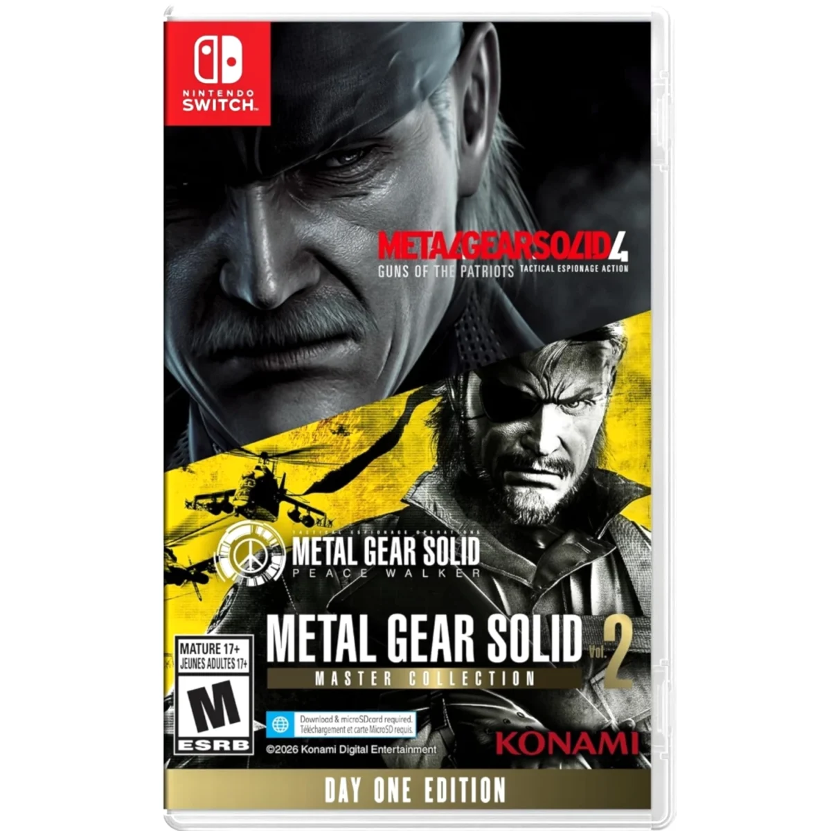 Nintendo Switch cover promoting Metal Gear Solid Master Collection Day One Edition with bold faces from the series' metal-gear imagery