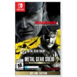 Nintendo Switch cover promoting Metal Gear Solid Master Collection Day One Edition with bold faces from the series' metal-gear imagery
