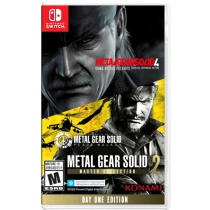 Nintendo Switch cover promoting Metal Gear Solid Master Collection Day One Edition with bold faces from the series' metal-gear imagery