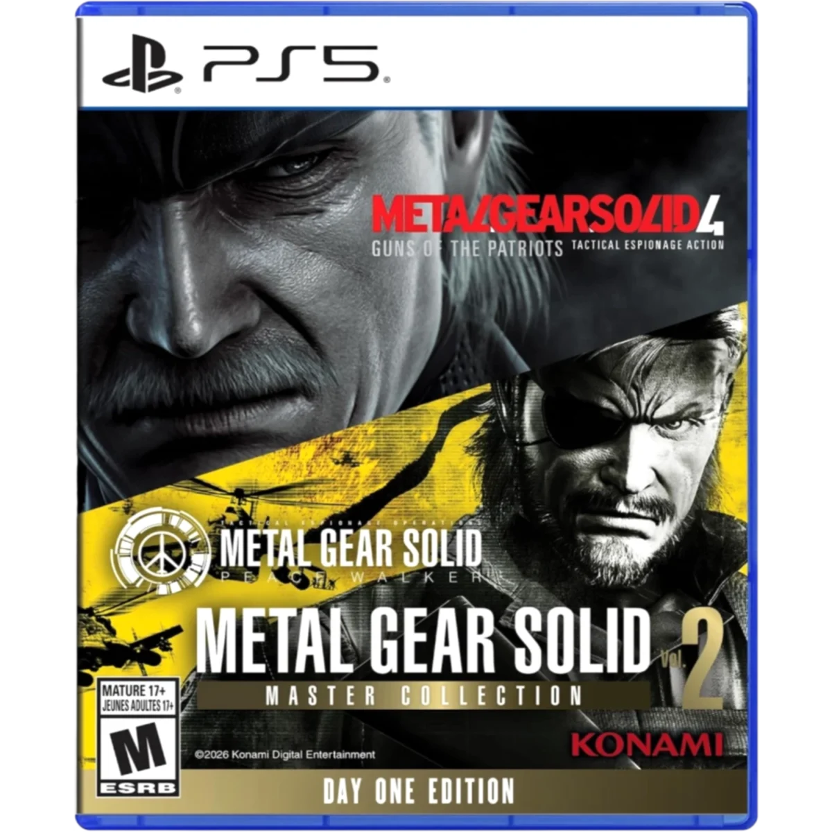 PS5 game case for Metal Gear Solid Master Collection with close-up grayscale faces and bold red title, Konami logo visible