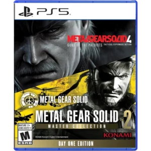 PS5 game case for Metal Gear Solid Master Collection with close-up grayscale faces and bold red title, Konami logo visible