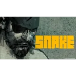 Video game cover with bold yellow 'SNAKE' text on a gray speckled background and a dark left-side figure; Konami watermark bottom right.