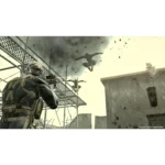 Soldier in tactical gear aiming a rifle from a rooftop amid smoke and debris with teammates jumping in the background.