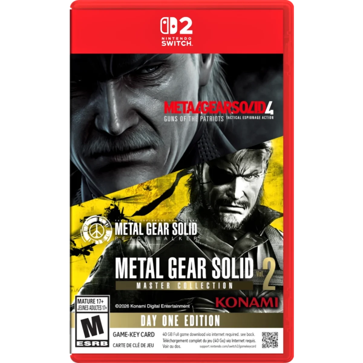 Red Nintendo Switch game case for Metal Gear Solid Master Collection with a close-up of a stern-faced older man (Big Boss) and a yellow, action-packed graphic featuring Snake, plus 'Day One Edition' text at the bottom edge.