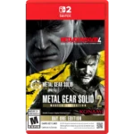 Red Nintendo Switch game case for Metal Gear Solid Master Collection with a close-up of a stern-faced older man (Big Boss) and a yellow, action-packed graphic featuring Snake, plus 'Day One Edition' text at the bottom edge.