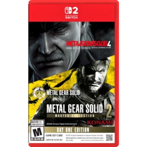 Red Nintendo Switch game case for Metal Gear Solid Master Collection with a close-up of a stern-faced older man (Big Boss) and a yellow, action-packed graphic featuring Snake, plus 'Day One Edition' text at the bottom edge.