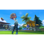 Nintendo_Switch_Sports_Resort_Screen_10__546021781039454 - Video Game Depot Older woman with glasses swings a golf club in a sunny park festival, with tents and palm trees in the background.