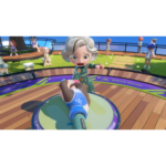 Nintendo_Switch_Sports_Resort_Screen_11__813011781039454 - Video Game Depot Cartoon character with gray hair reaches toward the viewer on a circular platform, with playful players watching in the background at Spocco Resort.