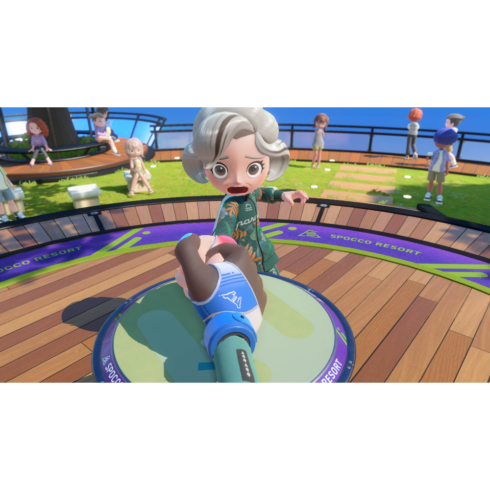 Cartoon character with gray hair reaches toward the viewer on a circular platform, with playful players watching in the background at Spocco Resort.