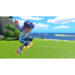 Nintendo_Switch_Sports_Resort_Screen_12__355611781039454 - Video Game Depot Cartoon child jumping on a yellow skateboard over a grassy hill with a coastal town and bridge in the background.