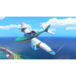 Nintendo_Switch_Sports_Resort_Screen_14__240461781039454 - Video Game Depot Green and white seaplane in flight over blue ocean near a coastline with a red suspension bridge below on a sunny day.