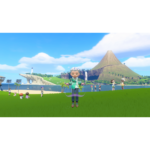Nintendo_Switch_Sports_Resort_Screen_15__594331781039454 - Video Game Depot Avatar in a teal jacket appears to hover or jump in a sunny grassy park by the coast, with a mountain and hillside in the background and small groups of people nearby.