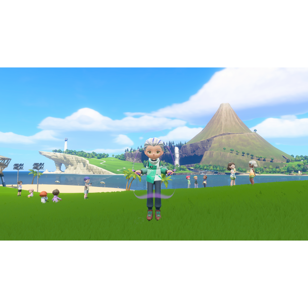 Avatar in a teal jacket appears to hover or jump in a sunny grassy park by the coast, with a mountain and hillside in the background and small groups of people nearby.