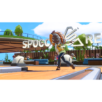 Nintendo_Switch_Sports_Resort_Screen_7__848641781039454 - Video Game Depot Character with orange braided hair runs across a wooden split-level stage in a bright outdoor plaza with a large overhead sign behind her.