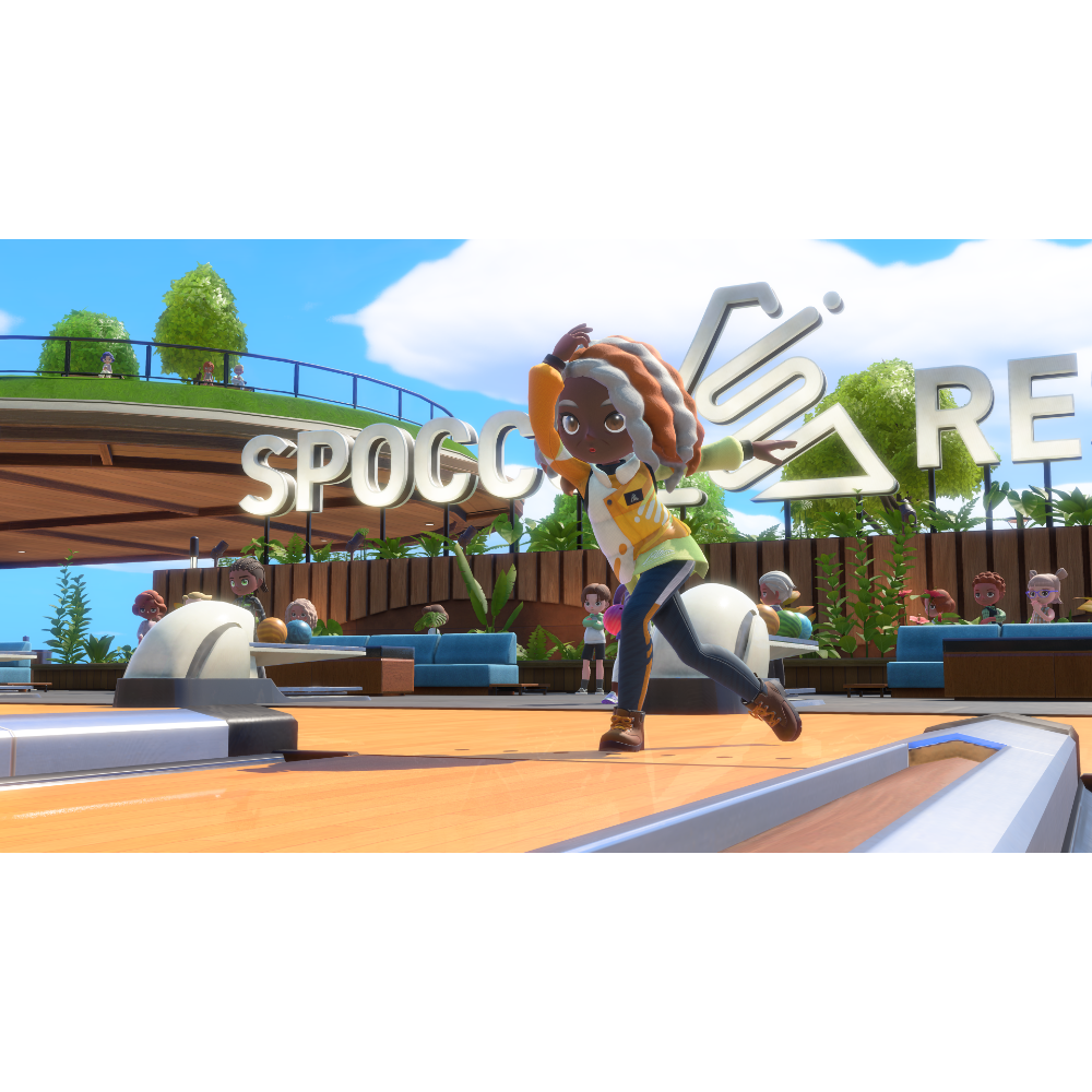 Character with orange braided hair runs across a wooden split-level stage in a bright outdoor plaza with a large overhead sign behind her.