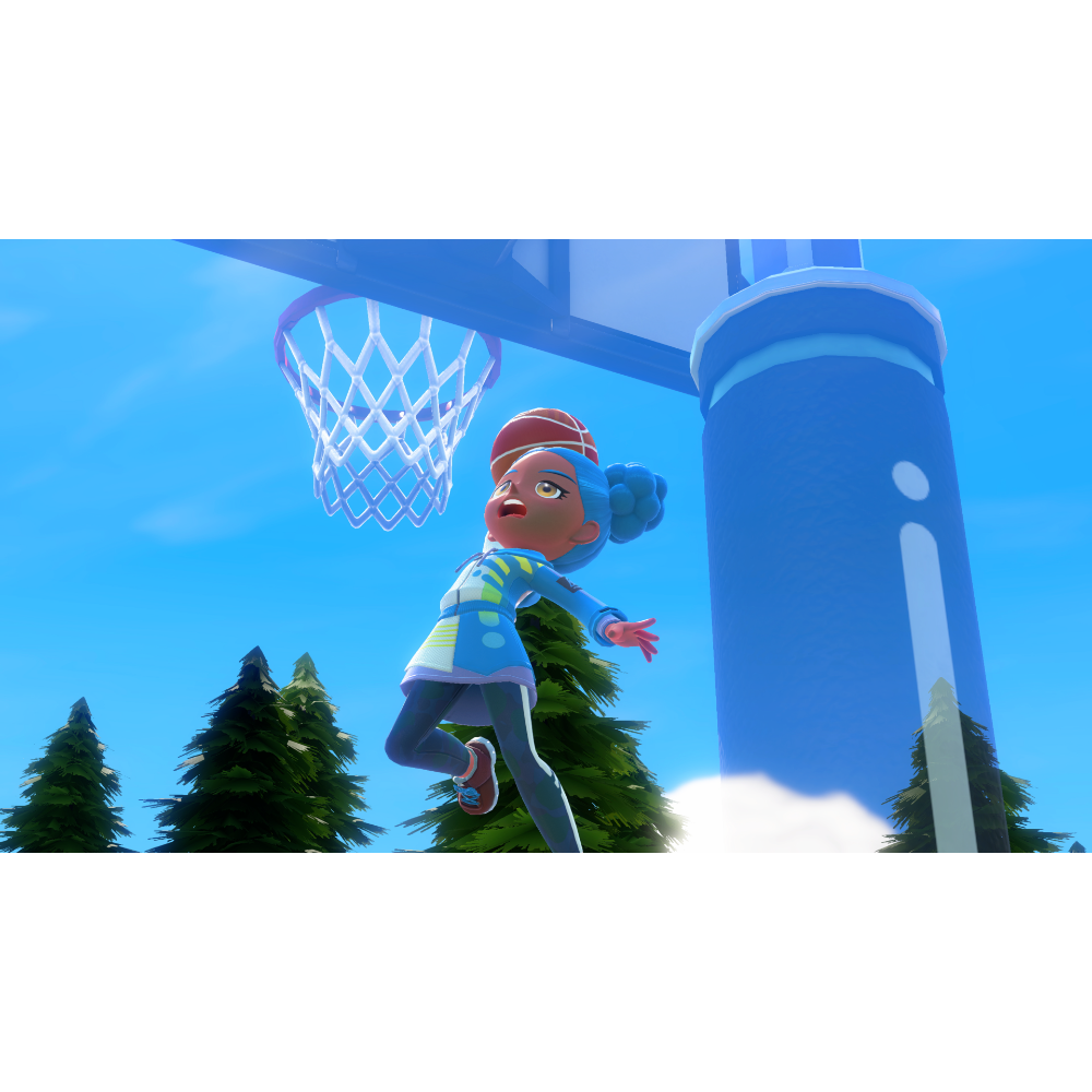 Animated girl with blue hairband leaps toward a basketball hoop on an outdoor court under a clear blue sky dip-dunking a ball, wearing a bright blue outfit.