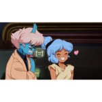 Orbitals_Screen_1__277911781038865 - Video Game Depot Two blue-skinned characters smile and chat in a futuristic lab; the girl has blue hair and a heart emoji nearby.