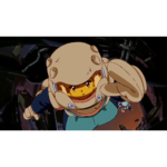 Orbitals_Screen_4__812521781038865 - Video Game Depot Young girl in a bulky beige spacesuit reaches forward through a dark, wreck-filled scene, with a small blue creature trailing behind.