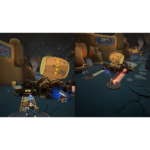 Orbitals_Screen_5__235061781038865 - Video Game Depot Two-panel sci-fi mining scene with large yellow machinery and small characters near a rocky cavern floor.