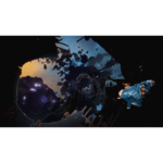 Orbitals_Screen_6__504641781038865 - Video Game Depot Cartoon blue spacecraft flying toward a glowing circular portal amid an asteroid field in space.