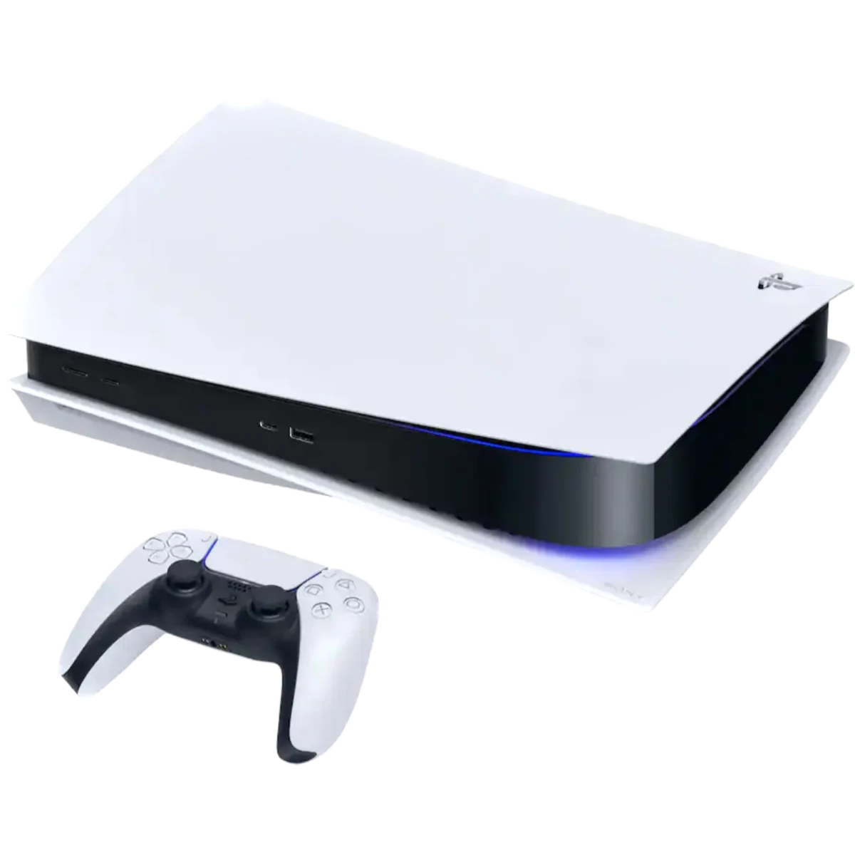 PlayStation 5 console with a white controller placed nearby on a white background