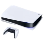 PlayStation 5 console with a white controller placed nearby on a white background