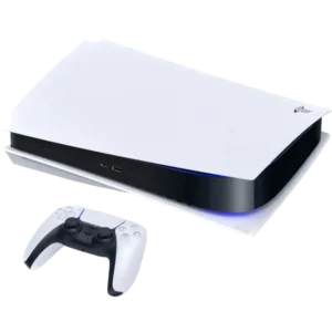 PlayStation 5 console with a white controller placed nearby on a white background
