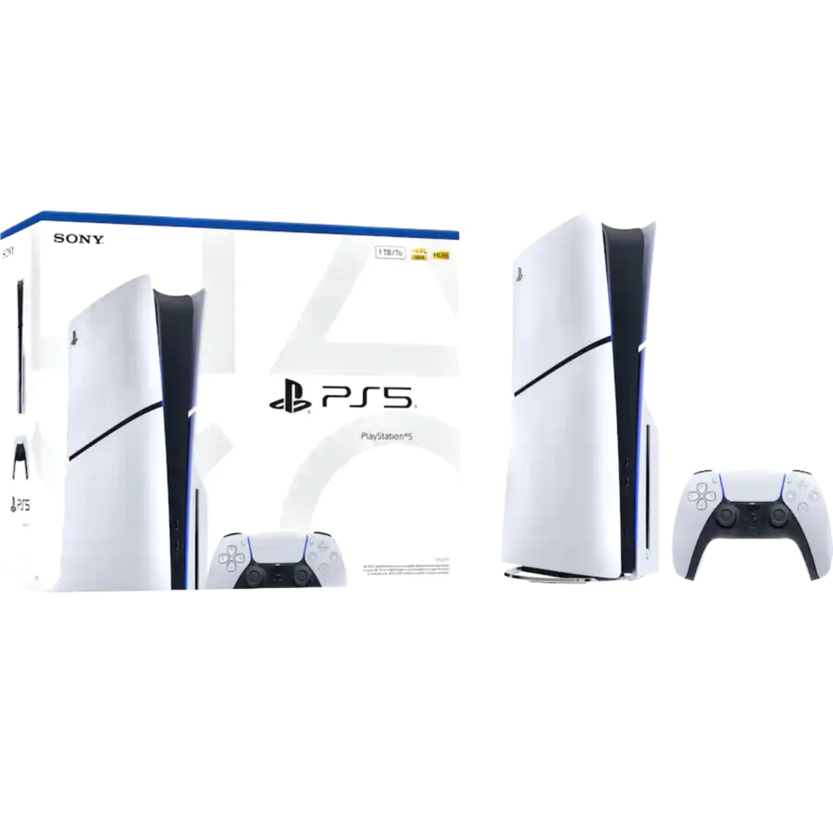PlayStation 5 digital edition and its white box with controller, showing the console's curved design and blue accents on a white box background.
