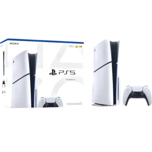 PlayStation 5 digital edition and its white box with controller, showing the console's curved design and blue accents on a white box background.