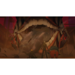 Progres_ANM__00_PCMS_EN__137571781033794 - Video Game Depot Three heroes confront a colossal creature with an enormous open mouth and sharp teeth in a smoky, red-tinted cityscape.