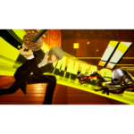 Progres_DNG__00_PCMS_EN__146361781033794 - Video Game Depot A person in a black suit lunges with a large round weapon at a robotic enemy with a white helmet in a neon-yellow arena.