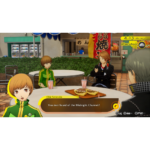 Progres_EVN__PCMS_EN__642071781033794 - Video Game Depot Three characters sit at an outdoor cafe table, with Chie Satonaka in green on the left asking, “You ever heard of the Midnight Channel?”