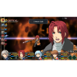 Randy_S-Craft_ALT__566621778603164 - Video Game Depot Turn-based RPG battle UI: five party portraits with HP/EP bars at the bottom, a red-haired ally shouting on the right, enemy firing a gun in the center, fiery background, 'Crimson Gale' label at top center.