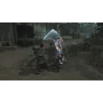 Reflex-Combo__08912 - Video Game Depot Male warrior in gray clothing swings at a glowing, ethereal armored enemy in a muddy village battlefield.