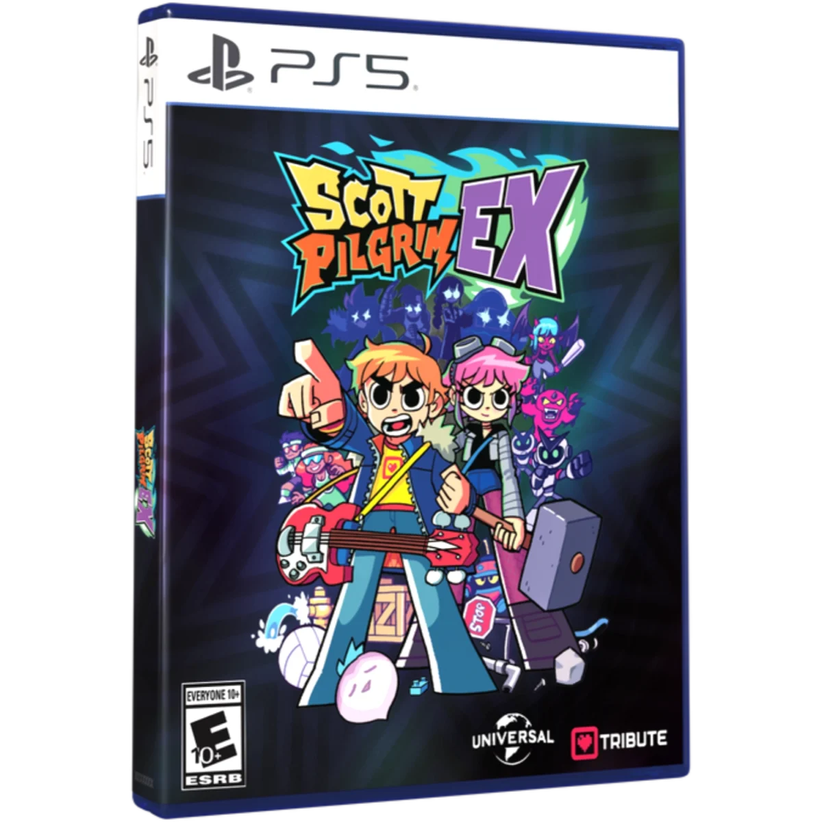 PS5 game box art for Scott Pilgrim EX with a colorful, team-hero lineup charging forward against a dark striped background.