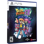 PS5 game box art for Scott Pilgrim EX with a colorful, team-hero lineup charging forward against a dark striped background.