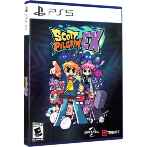 PS5 game box art for Scott Pilgrim EX with a colorful, team-hero lineup charging forward against a dark striped background.
