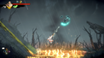 A character in white armor swings a glowing tether toward a glowing blue orb floating midair in a rainy, blasted battlefield with fire on the ground.