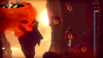 Side-scrolling game scene: a climber grips red floating platforms with yellow ring markers against a lava-lit cliff and sunlit background. HUD shows health at top left.